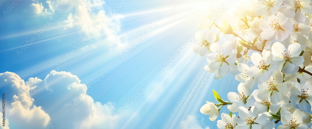 Fototapeta premium Spring background with a blooming tree branch and a blue sky with sun rays. 