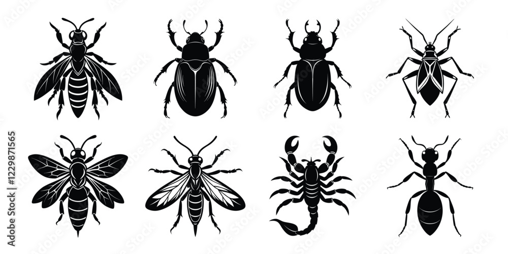 Insects silhouettes set. Vector illustrations poisonous insects isolated on white background Insects silhouettes set. Vector illustrations poisonous insects isolated on white background
