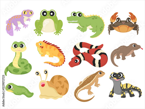 Adorable Vector Illustration of Reptiles, Amphibians, and Aquatic Creatures