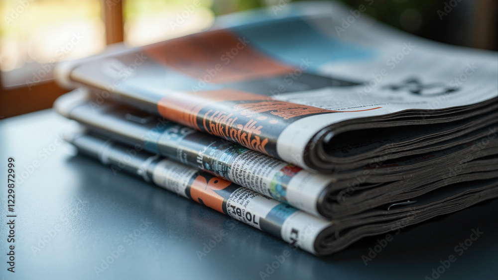 Stack of Modern Newspapers with Vibrant Headlines, Ideal for Editorial Layouts, Corporate Presentations, and Digital Content on Journalism and Business Trends Stack of Modern Newspapers with Vibrant Headlines, Ideal for Editorial Layouts, Corporate Presentations, and Digital Content on Journalism and Business Trends