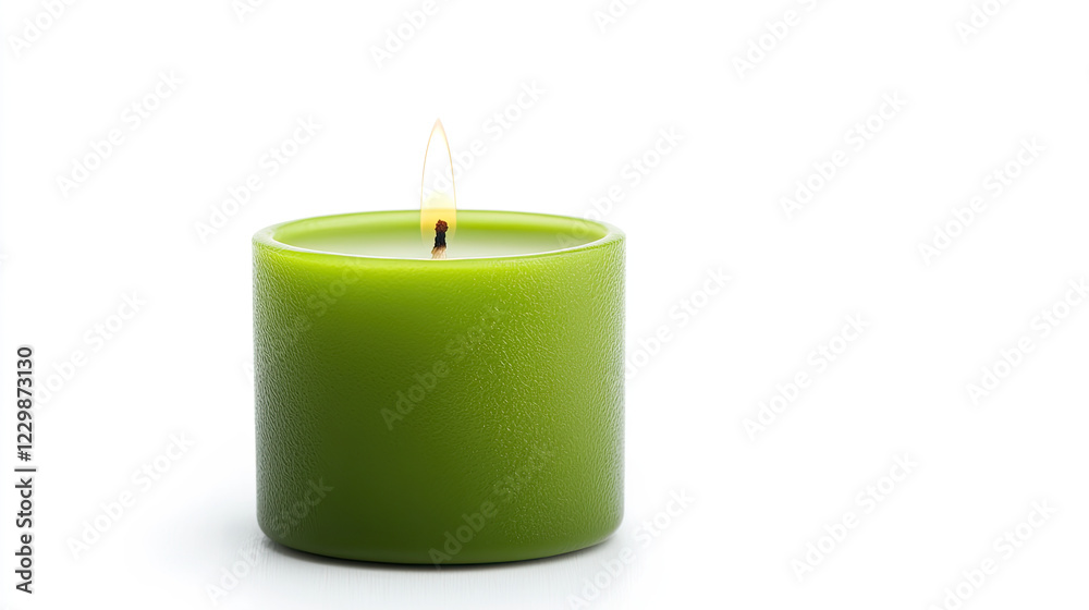 A green candle with a flickering flame, set against a plain white background, creating a calming and serene atmosphere. A green candle with a flickering flame, set against a plain white background, creating a calming and serene atmosphere.