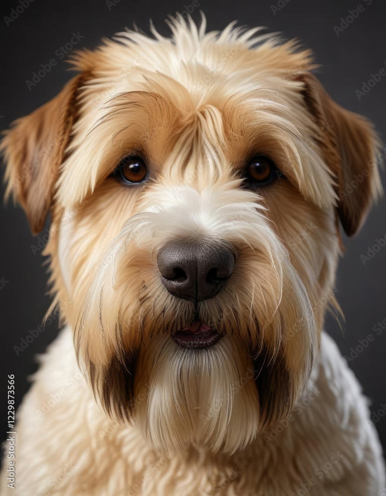 Irish Soft Coated Wheaten Terrier's white and brown fur in close-up with loose strands framing the face, dog coat, irish soft coated wheaten terrier,
