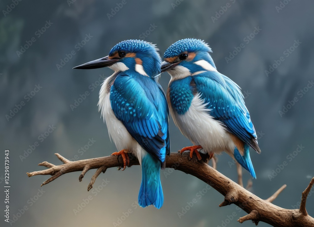 Fototapeta premium Kingfisher's vibrant blue and white plumage glistens on its perch, lake bird, bird, tree branch