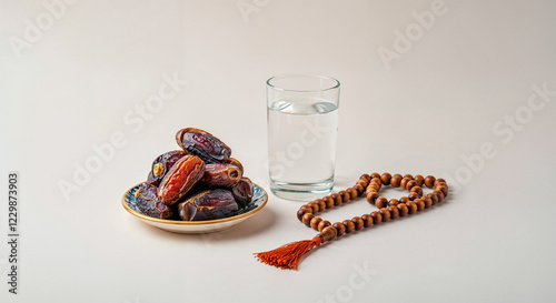 Traditional Iftar Setup. Dates, Water, and Prayer Beads for Breaking Fast in Ramadan