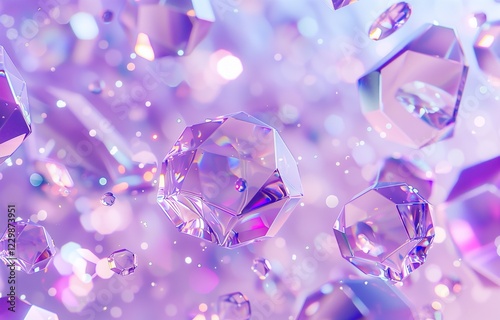 A dreamy composition of floating transparent crystals reflecting soft purple and pink light, creating a magical and luxurious atmosphere.