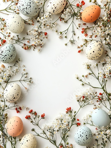 Minimalist Easter Design with Colorful Eggs and Delicate Flowers on White Background
