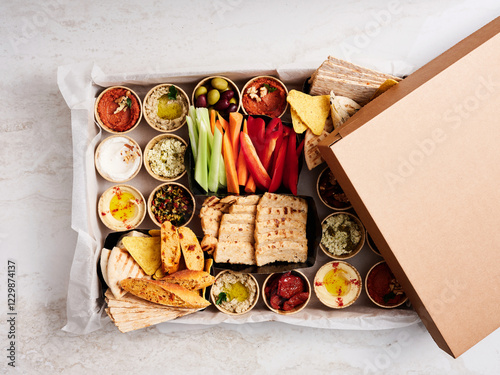 A beautifully arranged platter showcases a variety of dips in small containers, complemented by fresh vegetables, artisan bread, and crackers. Perfect for gatherings photo