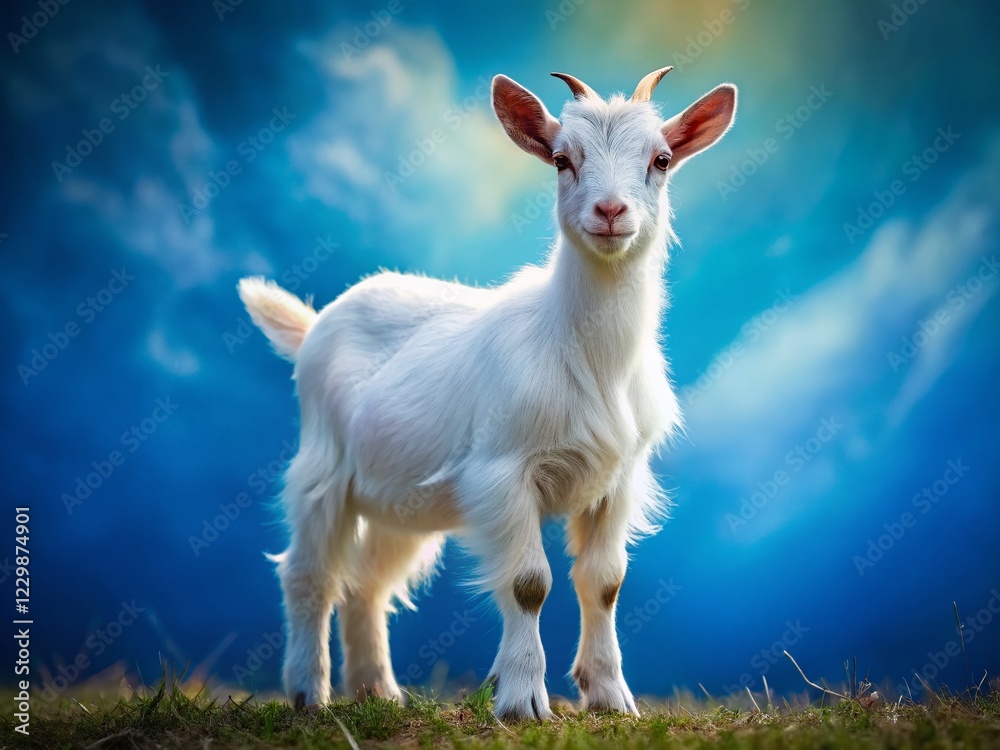Adorable White Nigerian Dwarf Goat Panoramic Photo, Blue Background Adorable White Nigerian Dwarf Goat Panoramic Photo, Blue Background