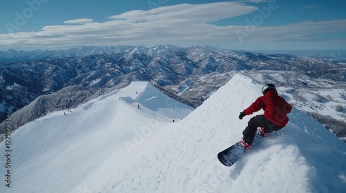 A thrilling snowboarding scene on a mountain peak, capturing a snowboarder in action against snowy vistas.