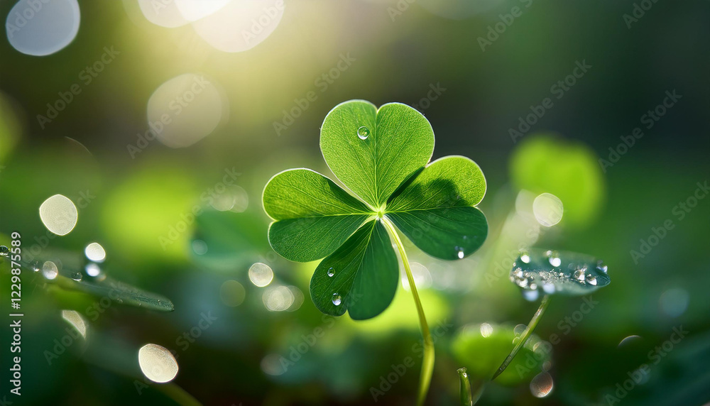 Fresh four-leaf clover with sparkling water droplets, symbolizing luck and purity.  
