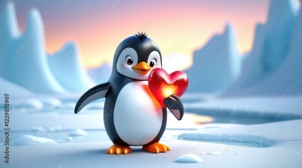 Obraz premium Adorable Cartoon Penguin Holding Glowing Red Heart in Snowy Landscape at Sunset
