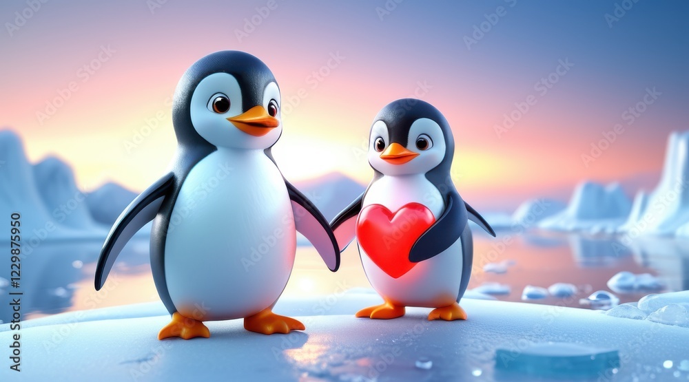Obraz premium Adorable Cartoon Penguins Sharing a Heart on Icy Landscape at Sunset