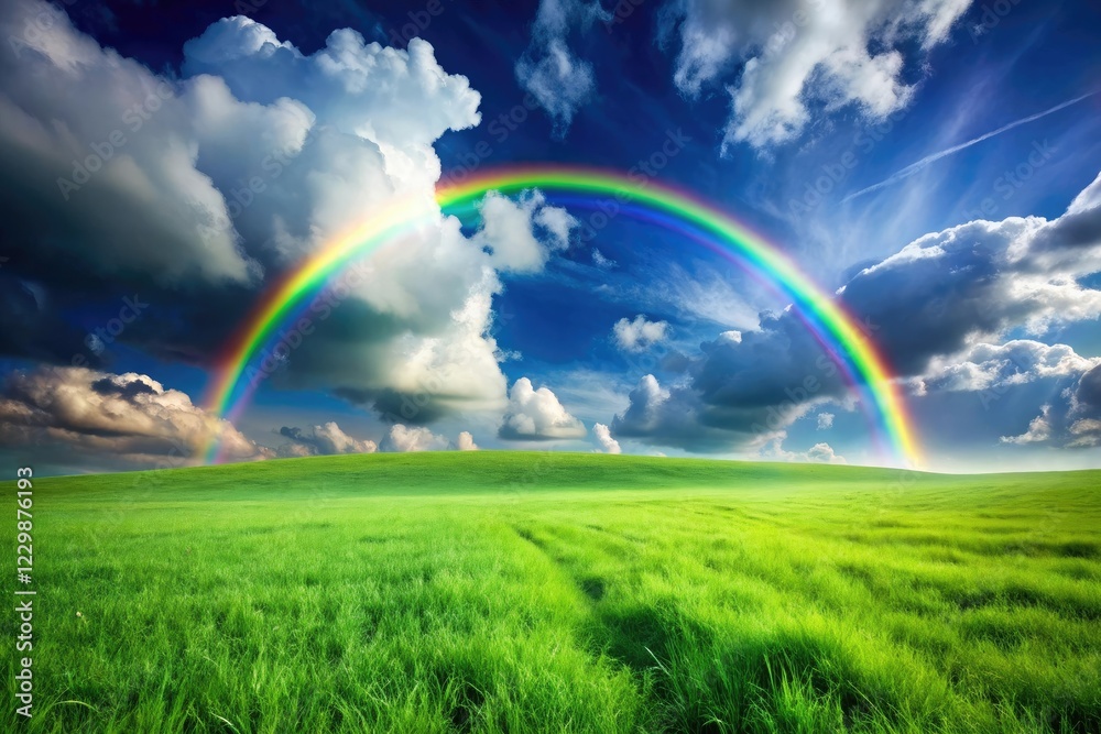 Lush green grass under a majestic rainbow-colored sky with fluffy white clouds, rural landscape, rolling hills, peaceful countryside, natural scenery Lush green grass under a majestic rainbow-colored sky with fluffy white clouds, rural landscape, rolling hills, peaceful countryside, natural scenery