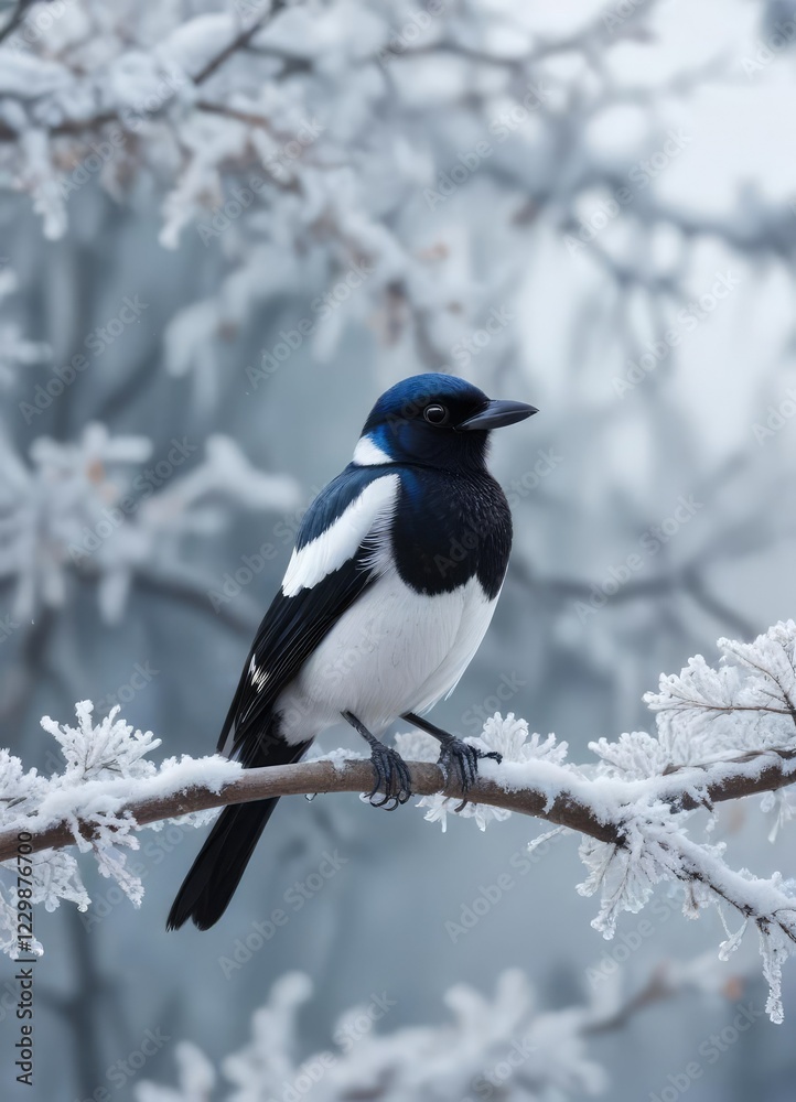 Magpie perched on a frost covered tree branch against a snowy sky, bare tree limbs, lone tree branch Magpie perched on a frost covered tree branch against a snowy sky, bare tree limbs, lone tree branch