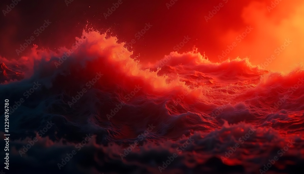 Naklejka premium Fiery Ocean Waves Sunset Dramatic Red Sea Landscape