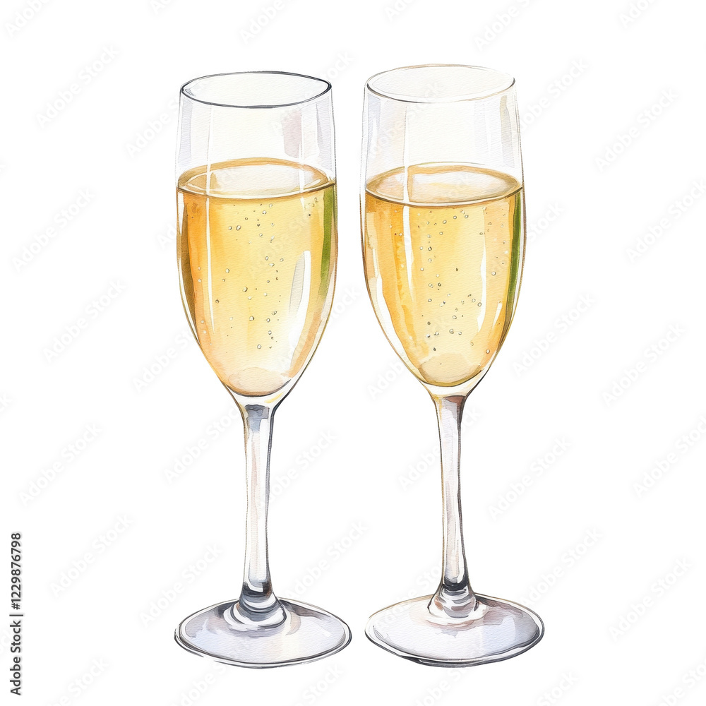 Two elegant champagne glasses filled with sparkling beverage, perfect for celebrations, isolated on a white background. Two elegant champagne glasses filled with sparkling beverage, perfect for celebrations, isolated on a white background.