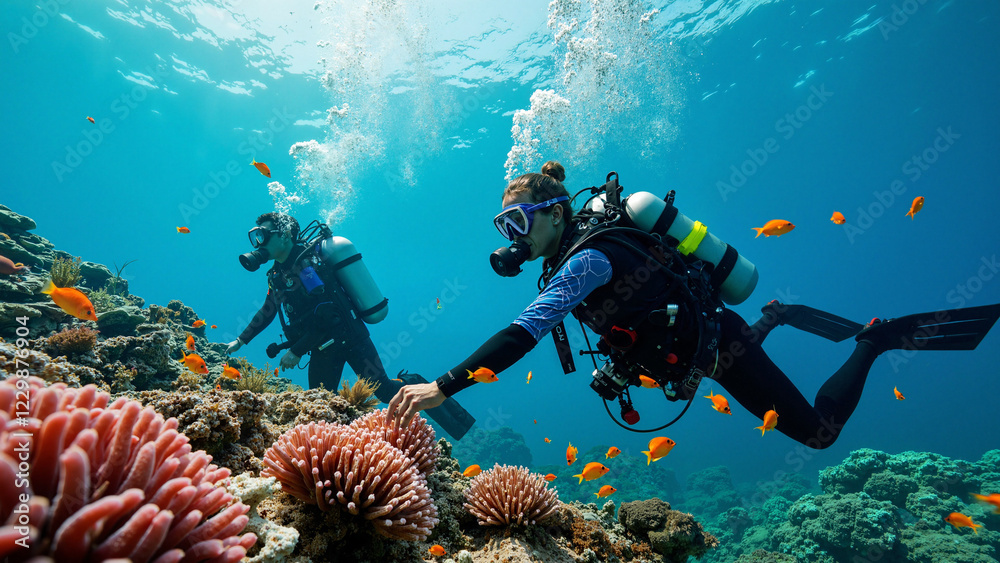 Vibrant Underwater Scene in Seychelles Featuring Divers Exploring Coral Reefs and Marine Life, Ideal for Eco-Tourism and Marine Conservation Promotions Vibrant Underwater Scene in Seychelles Featuring Divers Exploring Coral Reefs and Marine Life, Ideal for Eco-Tourism and Marine Conservation Promotions