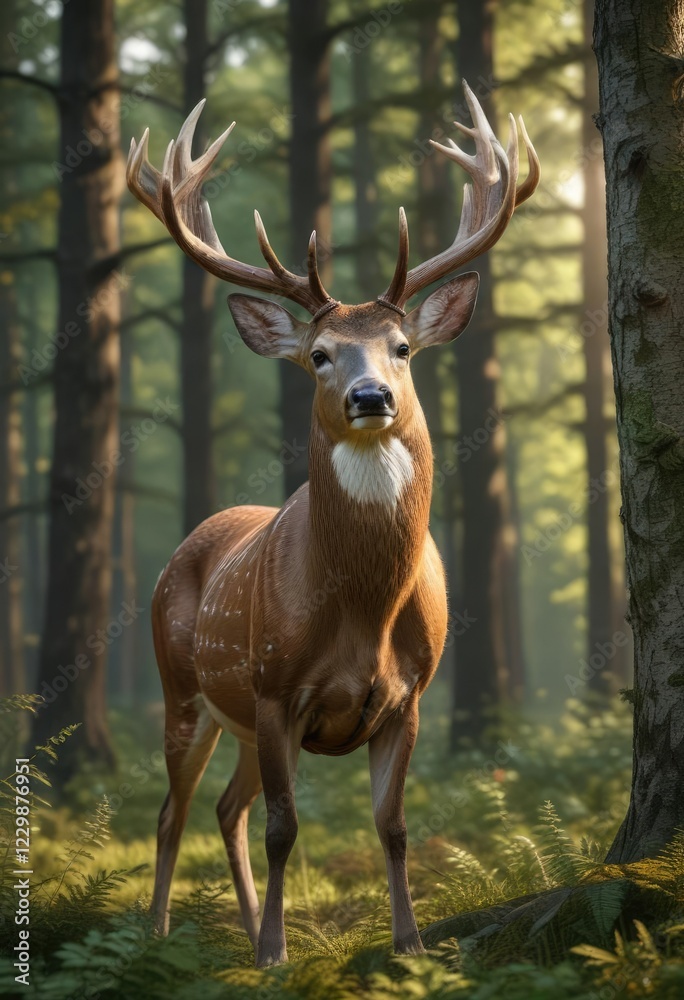 Majestic white tailed deer buck with vibrant velvet antlers in forest setting, wildlife, nature, velvet, buck Majestic white tailed deer buck with vibrant velvet antlers in forest setting, wildlife, nature, velvet, buck