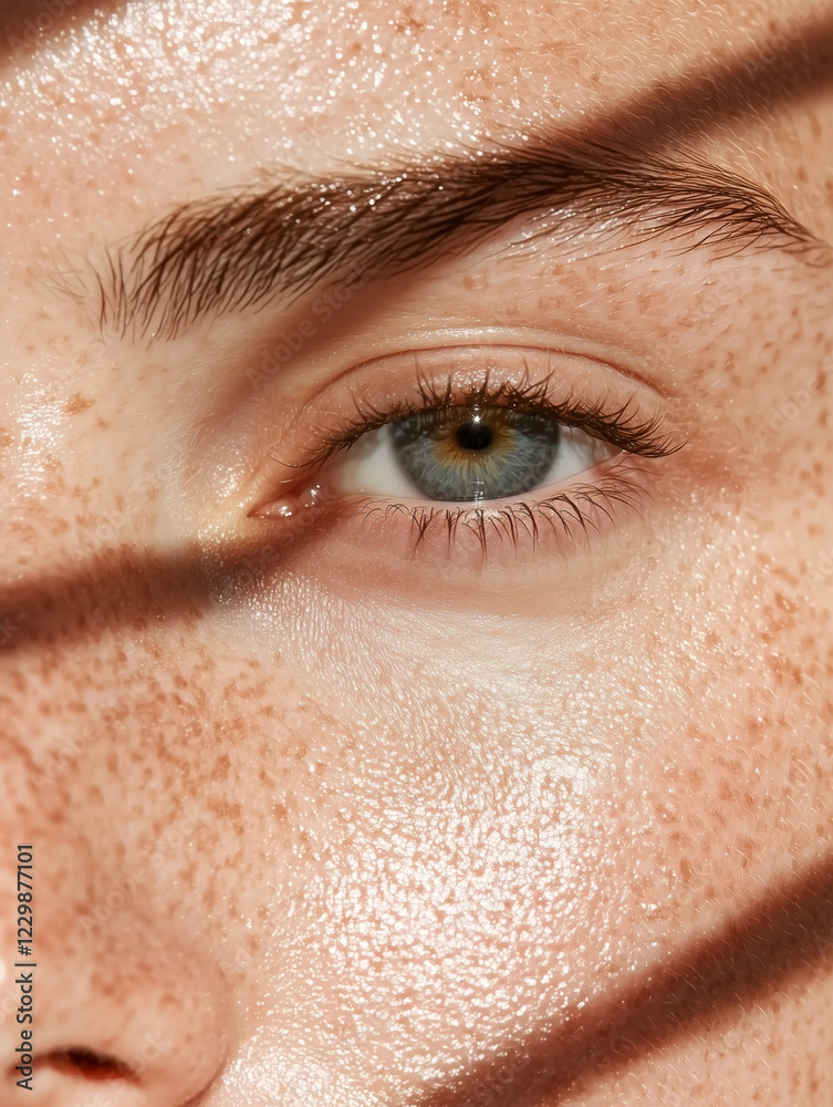 Fototapeta premium Close-up of green eye with freckles and sunlight casting artistic shadows 