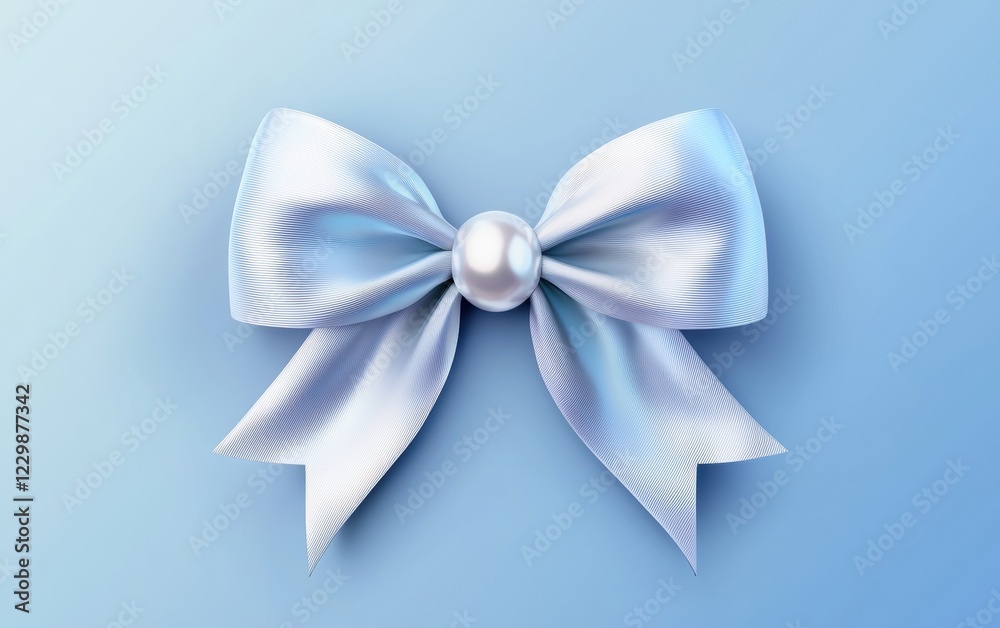 Naklejka premium silver bow with a pearl center, placed on a soft blue gradient background. Valentines Day and 8 March theme