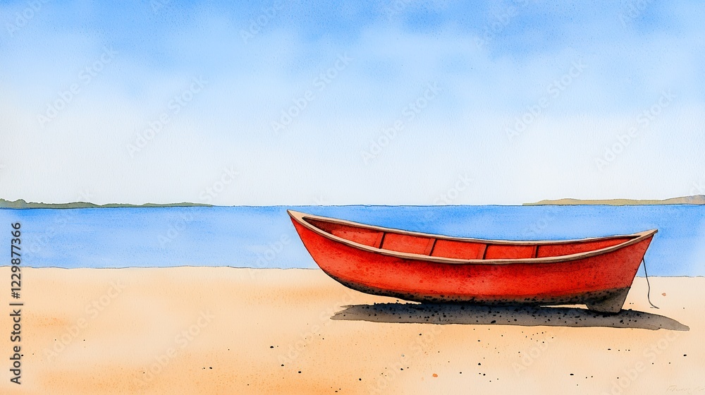 Fototapeta premium Tranquil Coastal Scene Watercolor Painting: Red Boat on Sandy Beach under a Clear Blue Sky