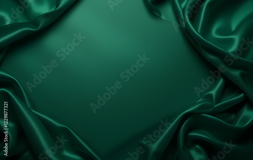 Green background. Folds on shiny fabric surface. Beautiful dark background with space for design