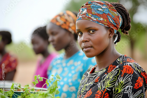 woman in traditional attire participates in community farming activity, holding fresh herbs with others in background photo