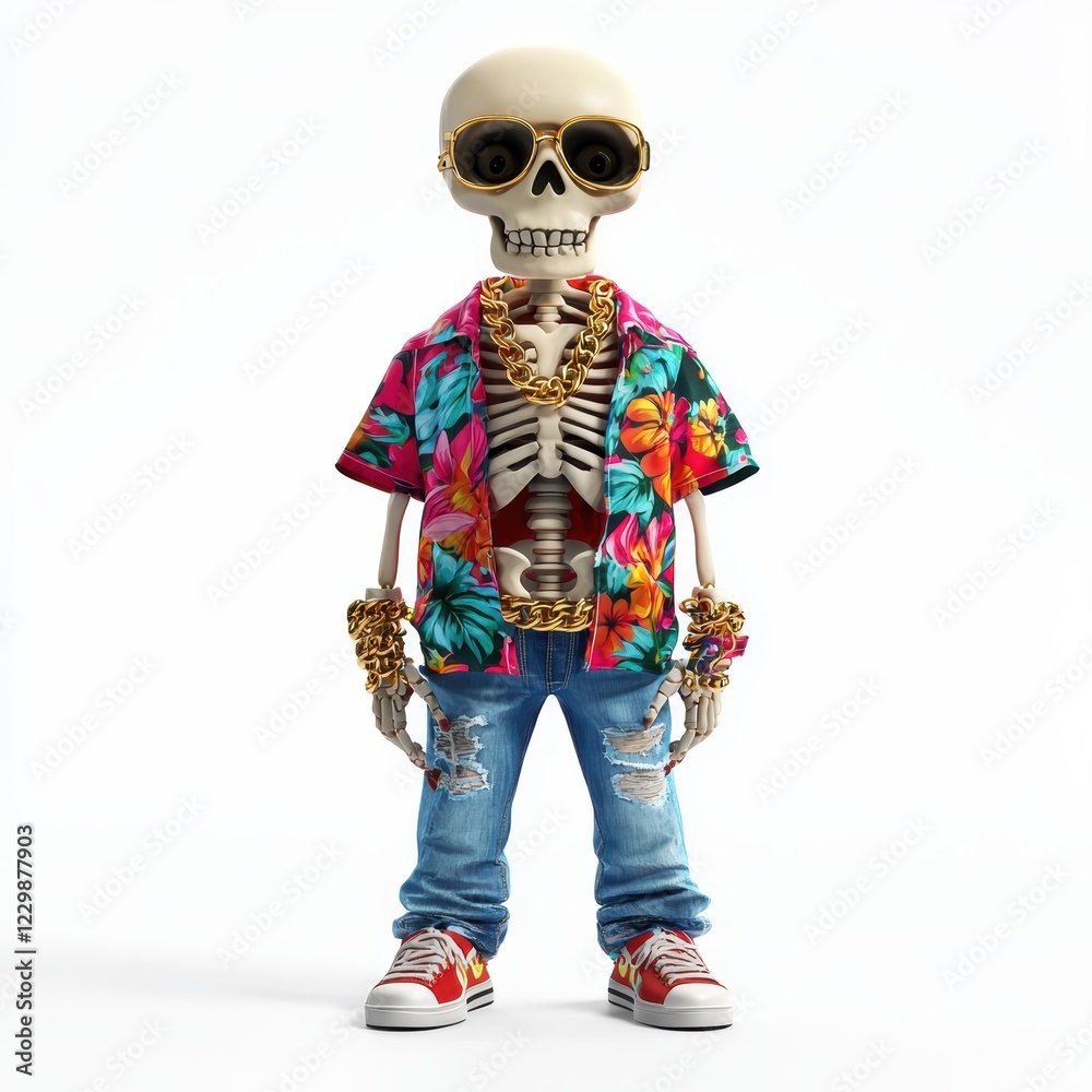 Fototapeta premium skeleton dressed in a colorful Hawaiian shirt, denim jeans, and sneakers, with a gold chain necklace, isolated on a bright white background