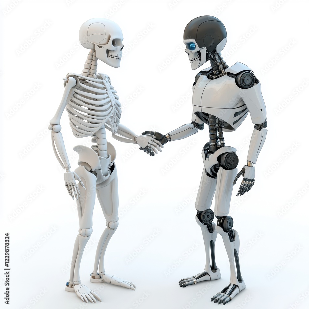 skeleton shaking hands with a futuristic humanoid robot, both standing in a clean white space, isolated on a white background skeleton shaking hands with a futuristic humanoid robot, both standing in a clean white space, isolated on a white background