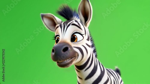 Cute cartoon zebra portrait, green screen, animation, children's book