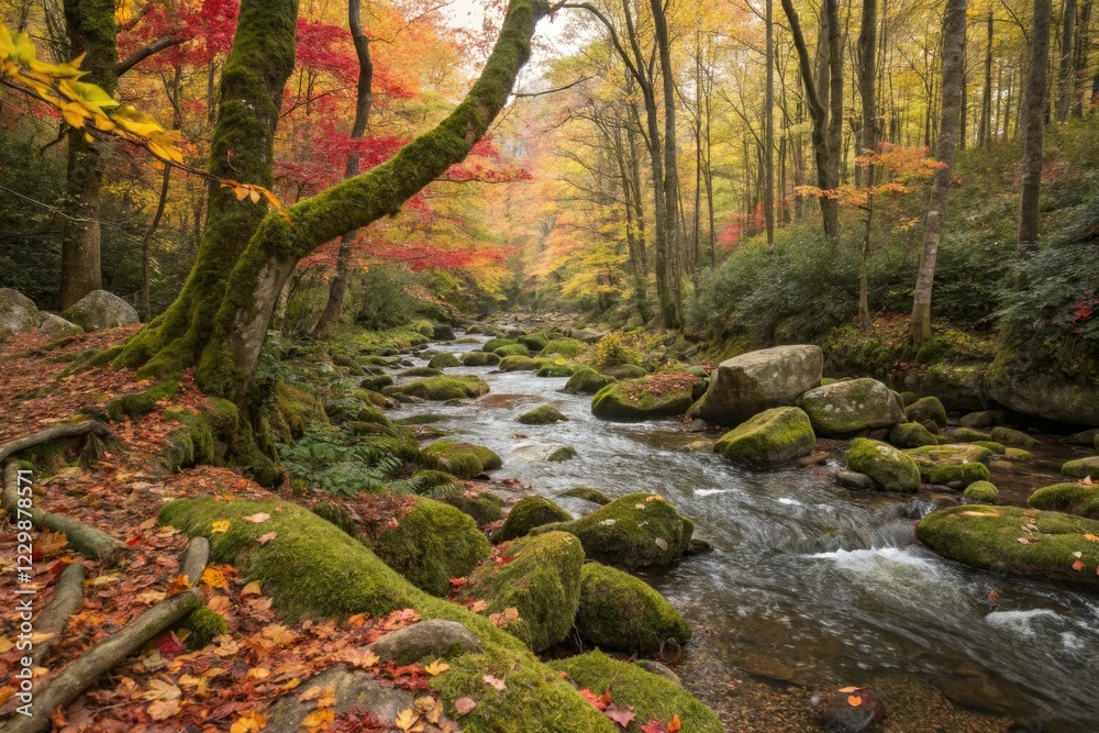 Moss covered stones and roots along a winding creek with vibrant autumn foliage, creek banks, tree roots Moss covered stones and roots along a winding creek with vibrant autumn foliage, creek banks, tree roots