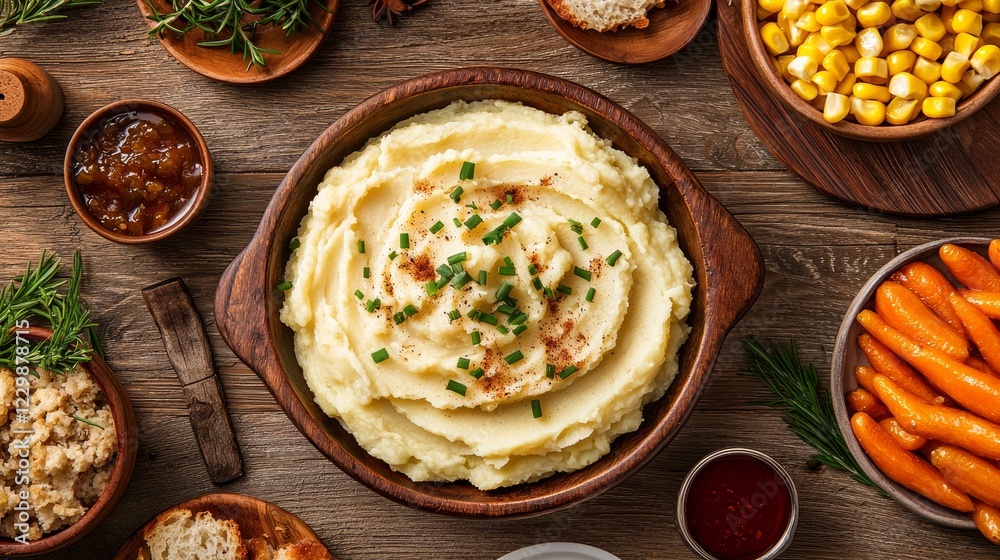 Rustic wooden table adorned with creamy mashed potatoes topped with chives, surrounded by Thanksgiving staples: corn, stuffing, glazed carrots Rustic wooden table adorned with creamy mashed potatoes topped with chives, surrounded by Thanksgiving staples: corn, stuffing, glazed carrots