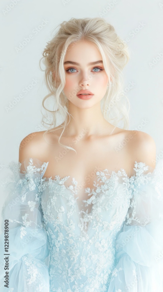 Woman with Blonde Hair in Light Ice Blue Dress Woman with Blonde Hair in Light Ice Blue Dress