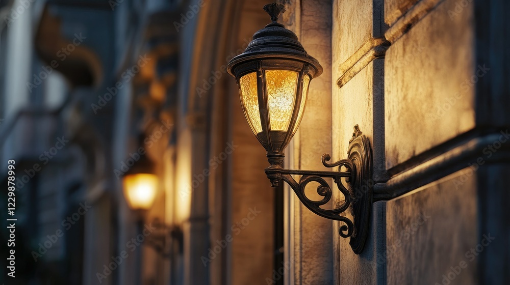 An elegant antique wall sconce with warm yellow light on a historic building. An elegant antique wall sconce with warm yellow light on a historic building.