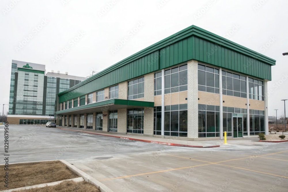 Office building with green roof and modern materials, commercial buildings, modern office space, green roof, urban landscape Office building with green roof and modern materials, commercial buildings, modern office space, green roof, urban landscape