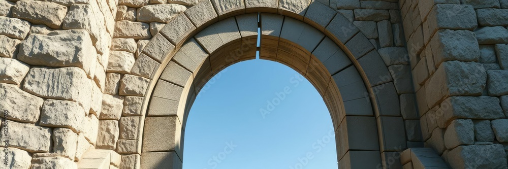Fototapeta premium Old stone archway with a long deep crack that splits it into two uneven sections, old stones, crumbling brick, abandoned places