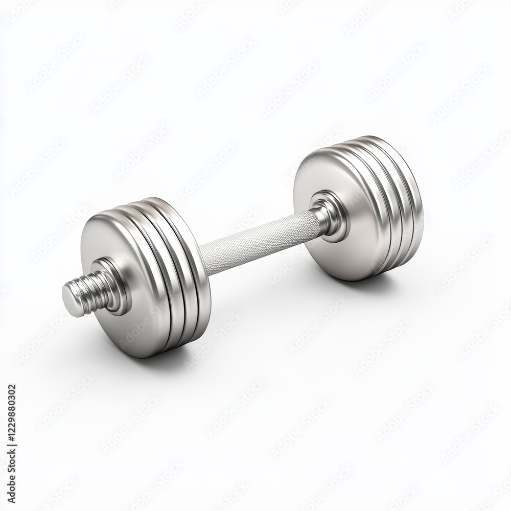 small silver dumbbell with visible grip texture, placed on a bright white background small silver dumbbell with visible grip texture, placed on a bright white background
