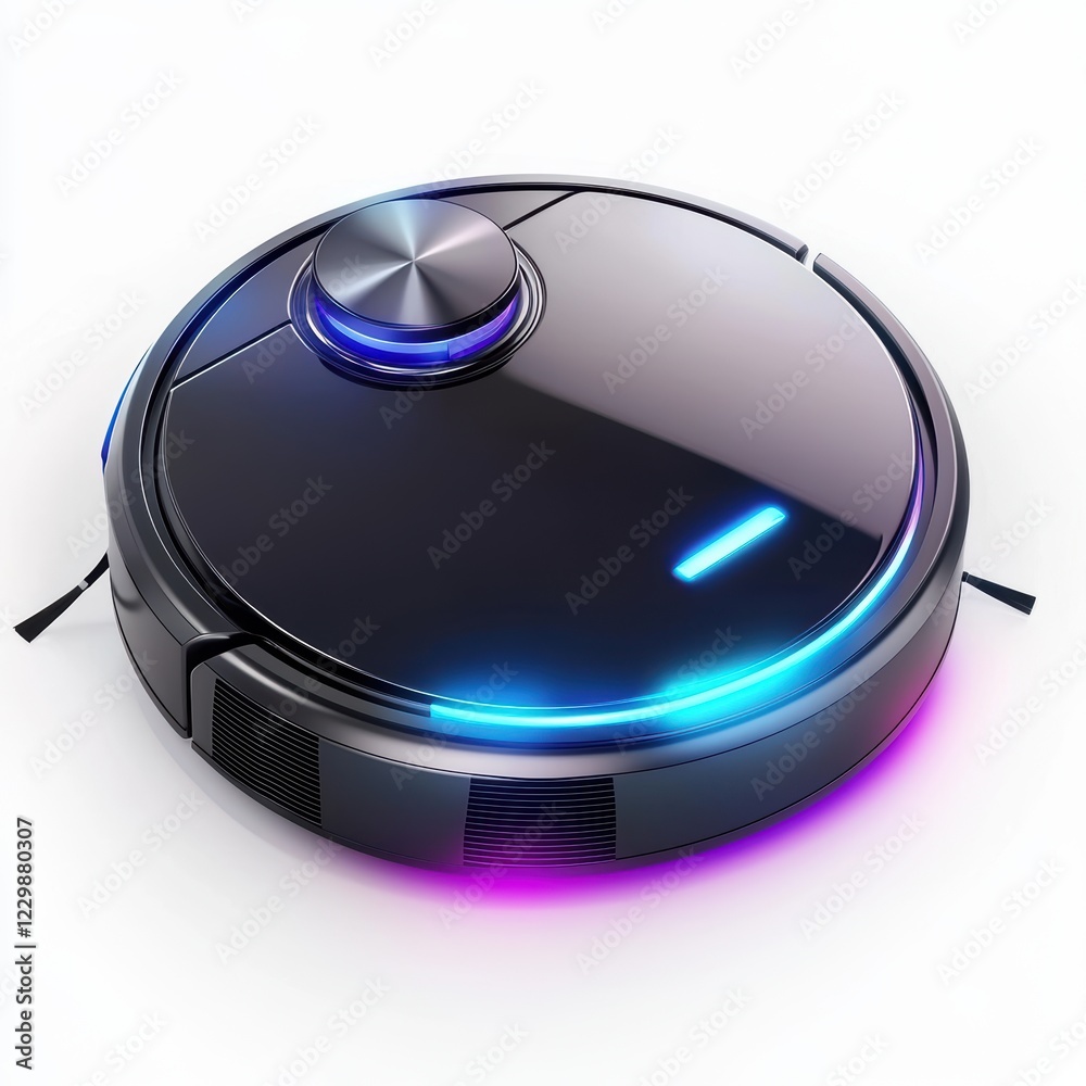 smart robot vacuum cleaner with bright LED lights and a modern design, isolated on a clean white background smart robot vacuum cleaner with bright LED lights and a modern design, isolated on a clean white background