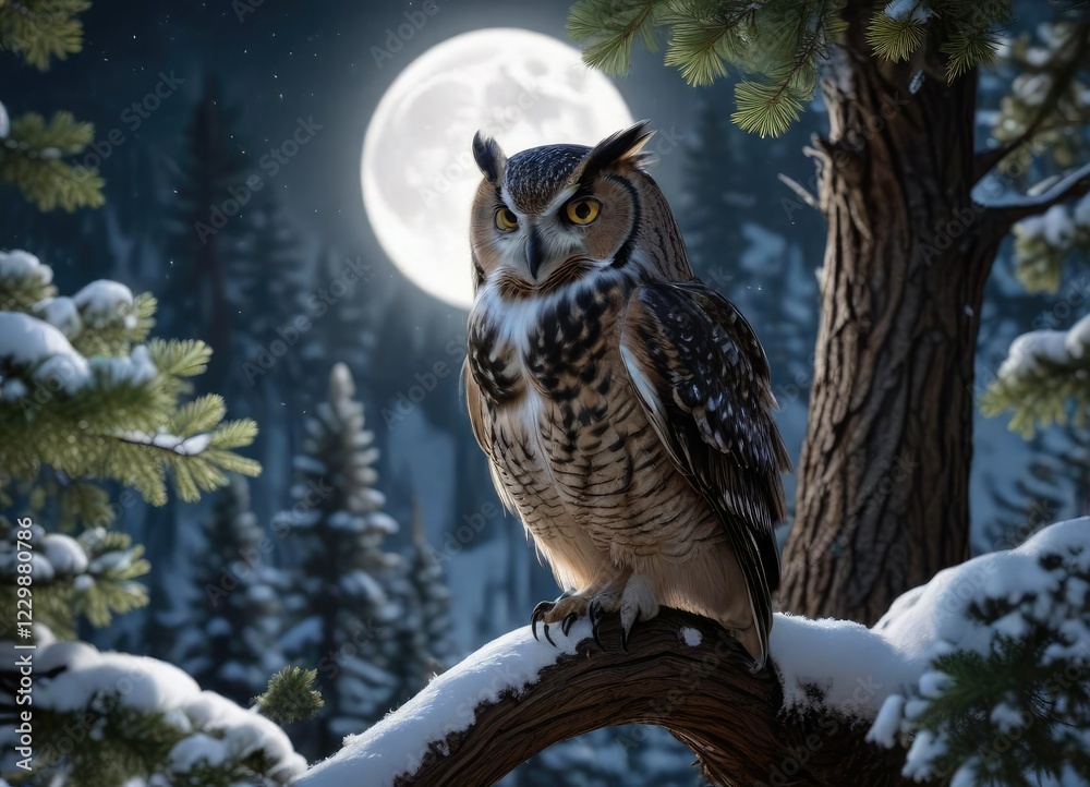 Owl gazing at the full moon peeking out from behind a snowy pine tree, lunar, winter night, full moon Owl gazing at the full moon peeking out from behind a snowy pine tree, lunar, winter night, full moon