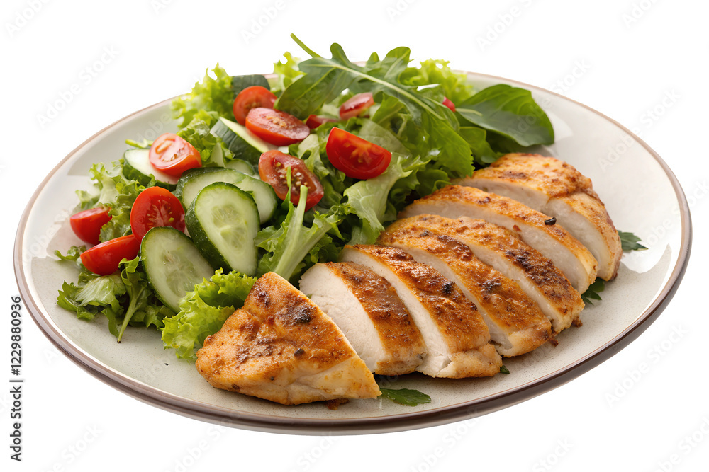 Grilled chicken and fresh green salad in plate isolated on transparent background PNG image Grilled chicken and fresh green salad in plate isolated on transparent background PNG image