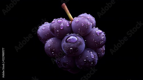 A single purple grape with droplets of water on it