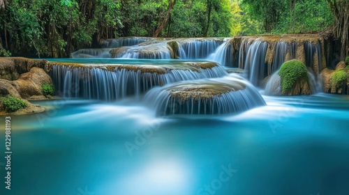 Serene Waterfall in Lush Jungle; Tranquil turquoise pools; Peaceful nature scene; Ideal for travel or nature publications