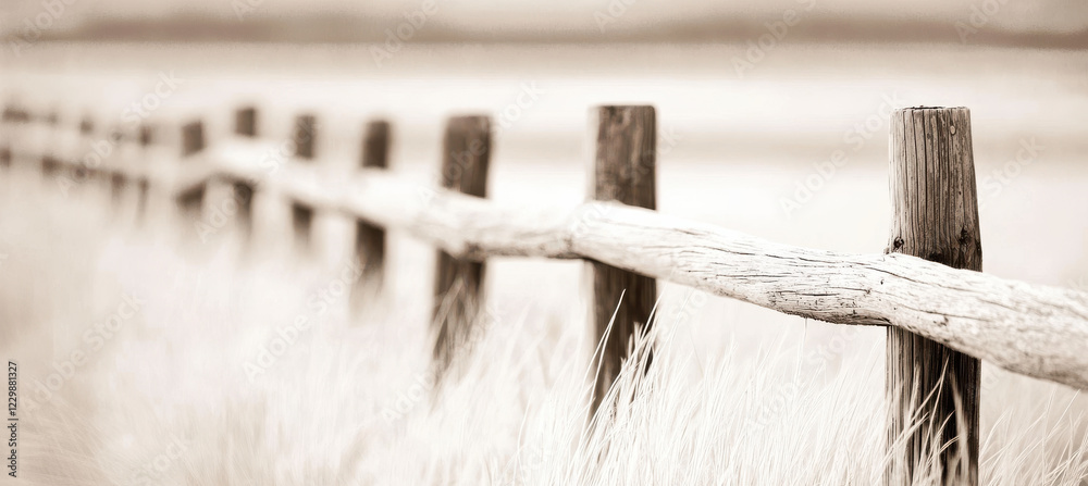 Rustic wooden fence in soft sepia tone, stretching into distance with tall grass swaying gently Rustic wooden fence in soft sepia tone, stretching into distance with tall grass swaying gently