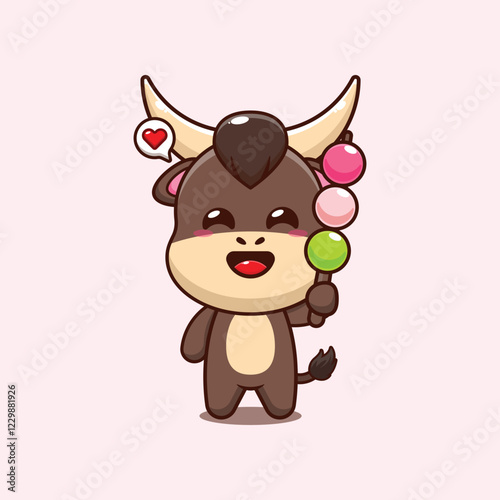 bull mascot cartoon character vector illustration eating dango
