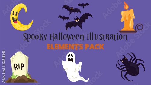 Spooky Halloween Illustration Elements Pack A collection of eerie Halloween elements like haunted houses, skeletons, and witches for a spooky design.