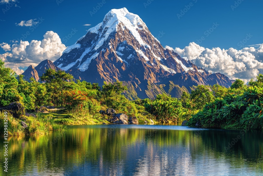 mountain with a majestic ice cap rising above a serene lake, framed by a clear sky and tranquil surroundings, creating a breathtaking natural scene mountain with a majestic ice cap rising above a serene lake, framed by a clear sky and tranquil surroundings, creating a breathtaking natural scene