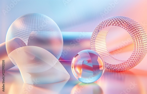 Abstract 3D design featuring holographic spheres and geometric elements with smooth, flowing lines. A modern digital composition with copy space.