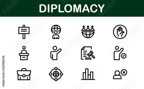 Diplomacy Icons. Professional Vector Illustrations for International Relations, Negotiations, and Global Communication Projects