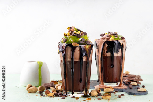 Photography Dubai chocolate milkshake, crazy shake dark chocolate cocktail, with whipped cho