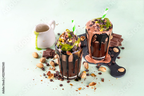 Photography Dubai chocolate milkshake, crazy shake dark chocolate cocktail, with whipped cho